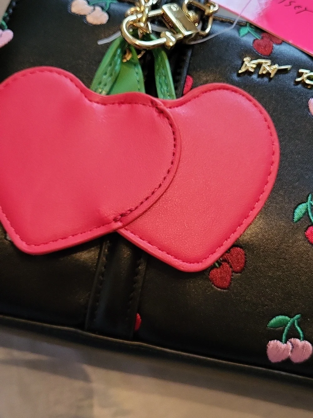 Betsey JOHNSON black Cherry Stitched Print Satchel with Red Cherry Heart Charmhm - Picture 2 of 4